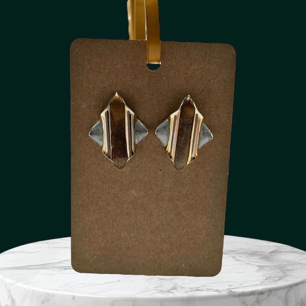 Vintage Geometric Earrings Gold toned Brown & Silver toned Accents - Picture 2 of 4